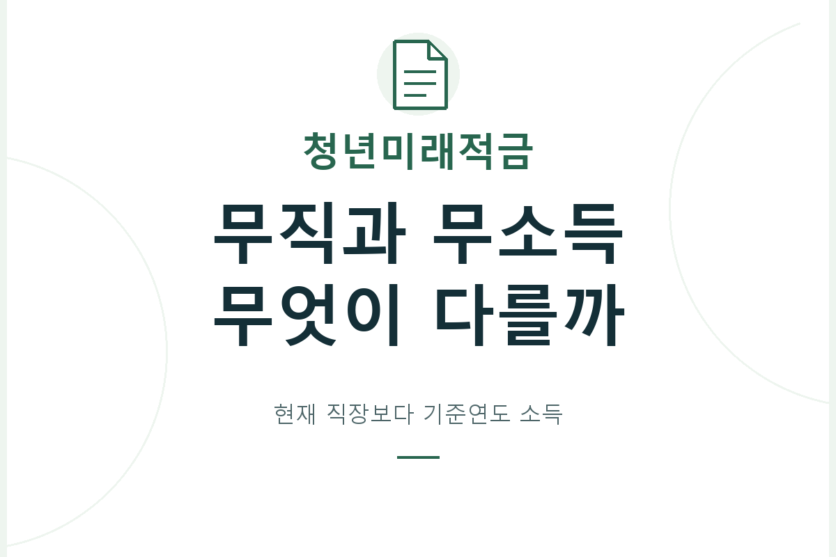 현재 직장이 없는 상태와 심사 기준연도의 소득이 없는 상태를 구분하고, 청년미래적금에 쓰이는 소득 자료와 인정 예외를 확인합니다.